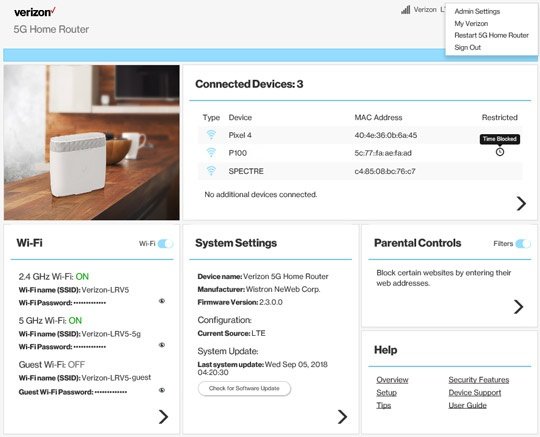 Verizon 5G Home Router home screen with Wi-Fi and device list