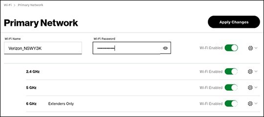 Verizon router Primary Network page with Wi-Fi name and password fields