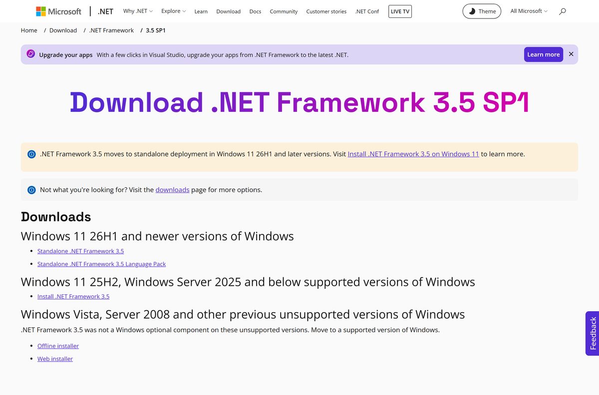 Download page for .NET Framework 3.5 SP1 and its standalone installer