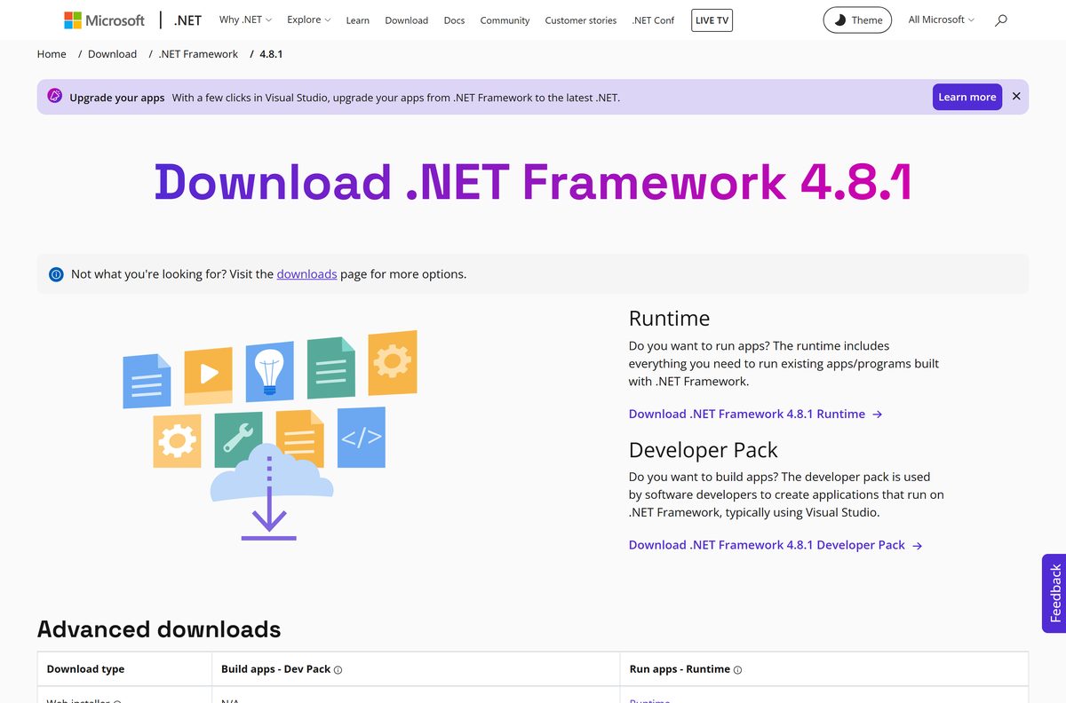 Official .NET Framework page offering the runtime and Developer Pack
