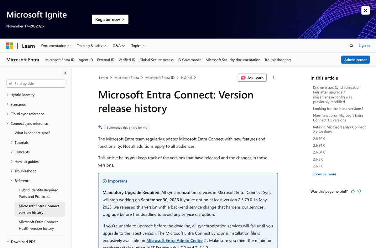 Release history page listing Entra Connect builds and their retirement dates