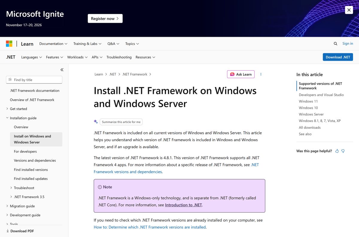 Microsoft Learn table of the .NET Framework version bundled with each Windows release