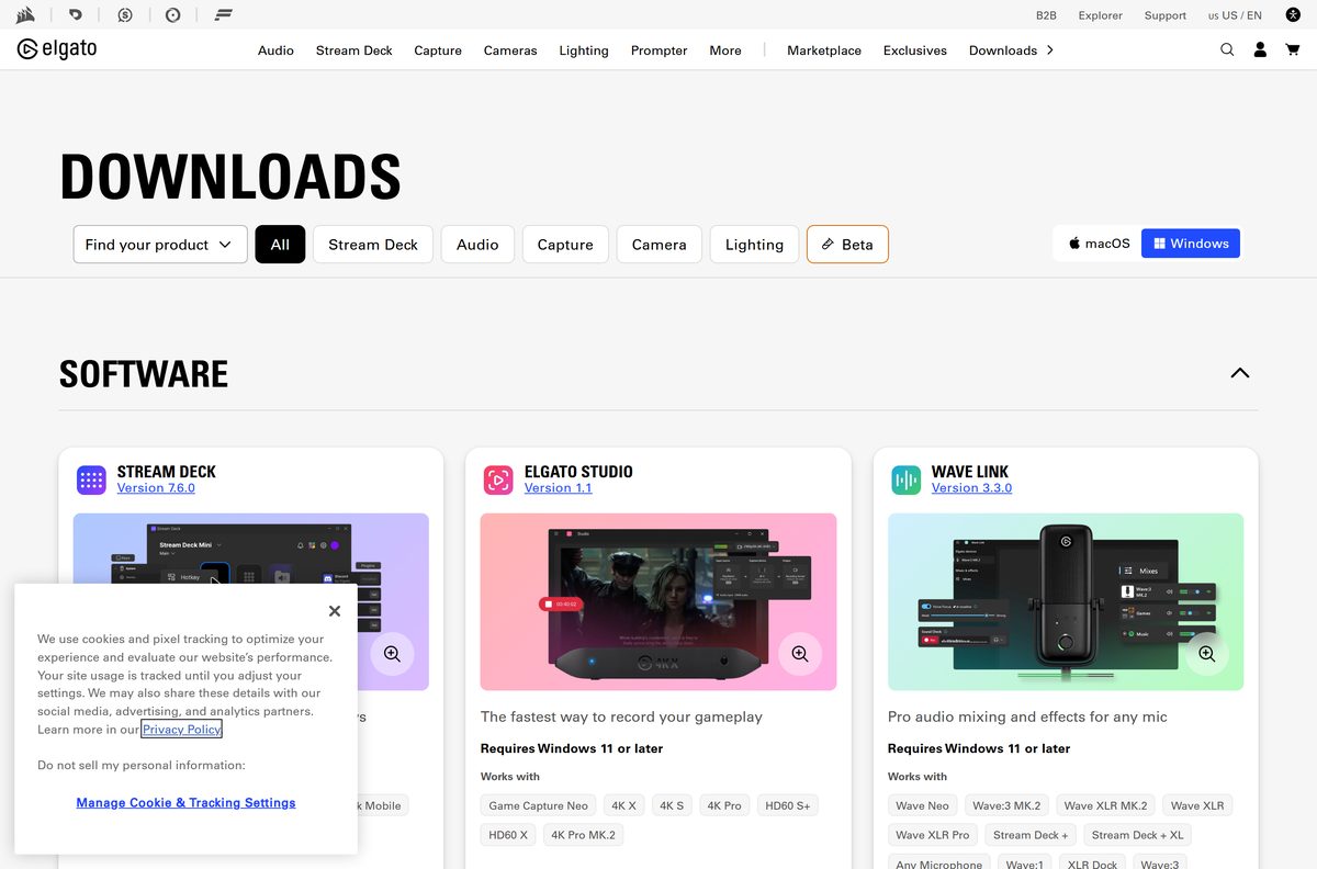 Elgato downloads page with the Video Capture card, Download and Driver buttons