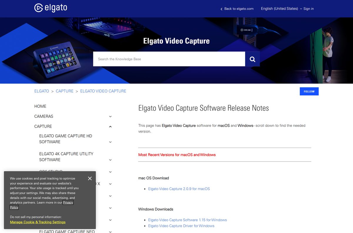 Elgato help centre release notes listing every macOS and Windows build