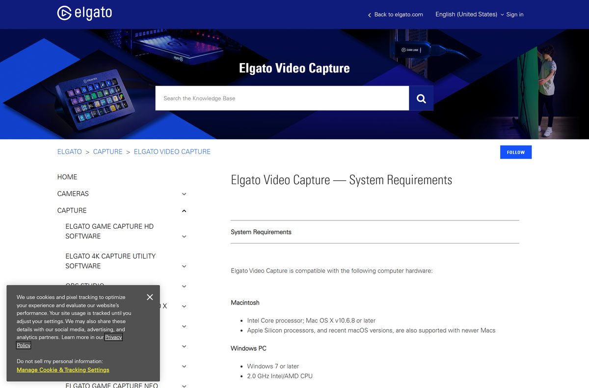 Elgato support article listing Video Capture system requirements for Mac and PC