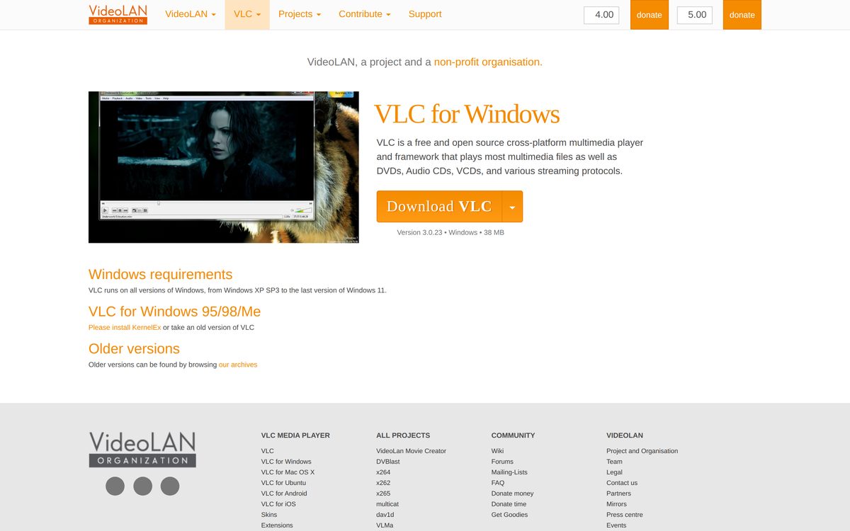 VideoLAN download page with the Download VLC button and version
