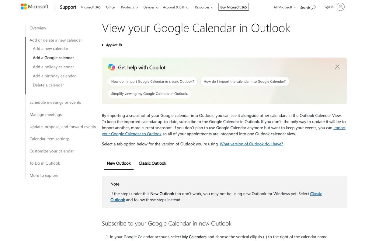 Microsoft help page on showing a Google calendar in Outlook