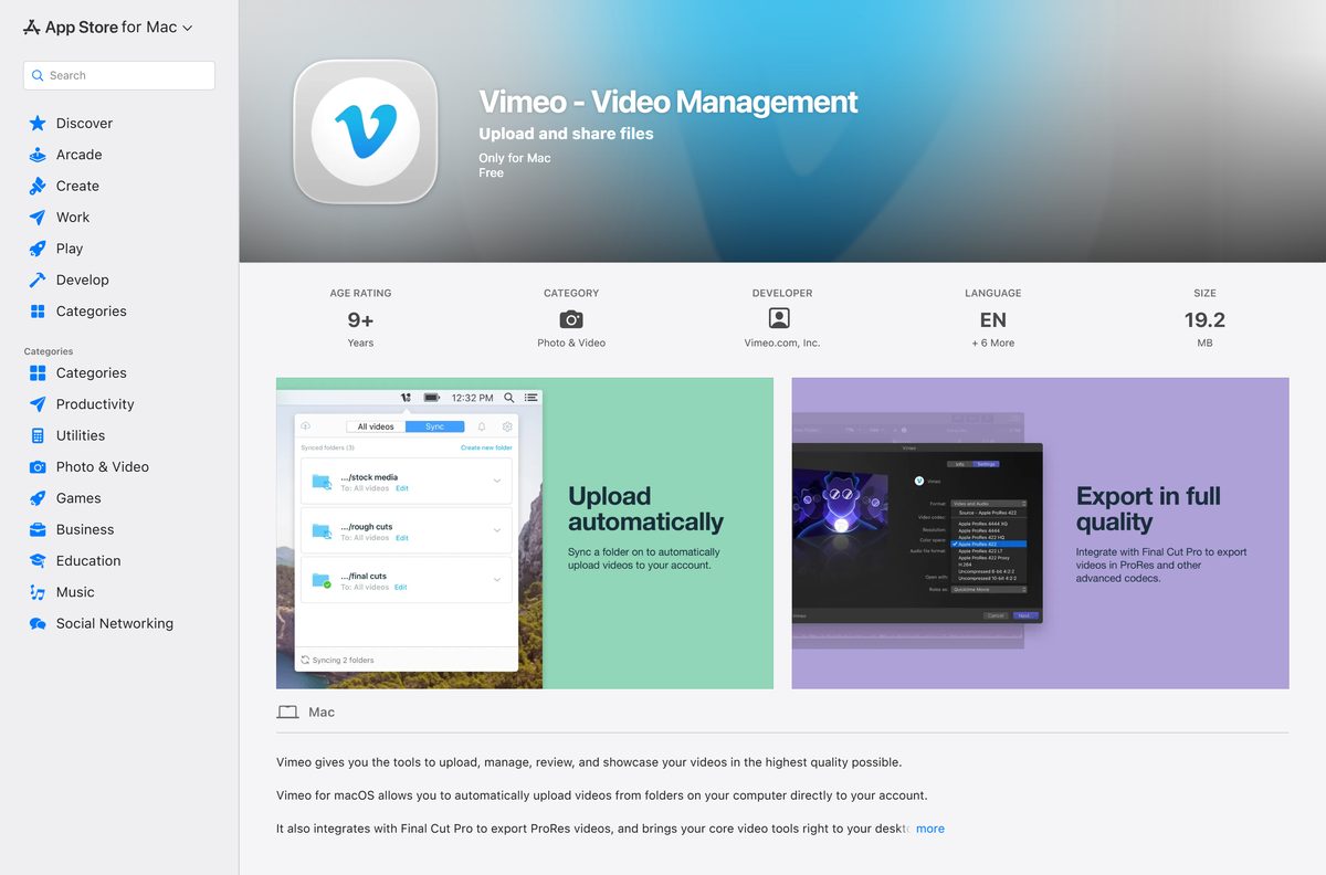 Mac App Store listing for Vimeo Video Management with its Get button