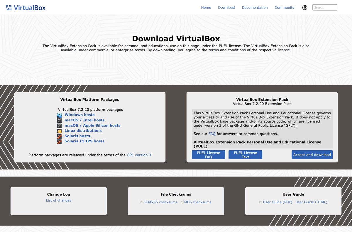 Oracle VirtualBox downloads page with Windows and macOS host packages