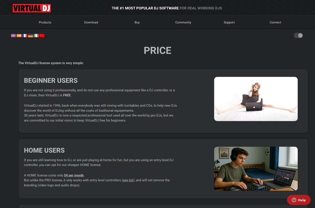 VirtualDJ price page comparing Free, Home, Pro and Business