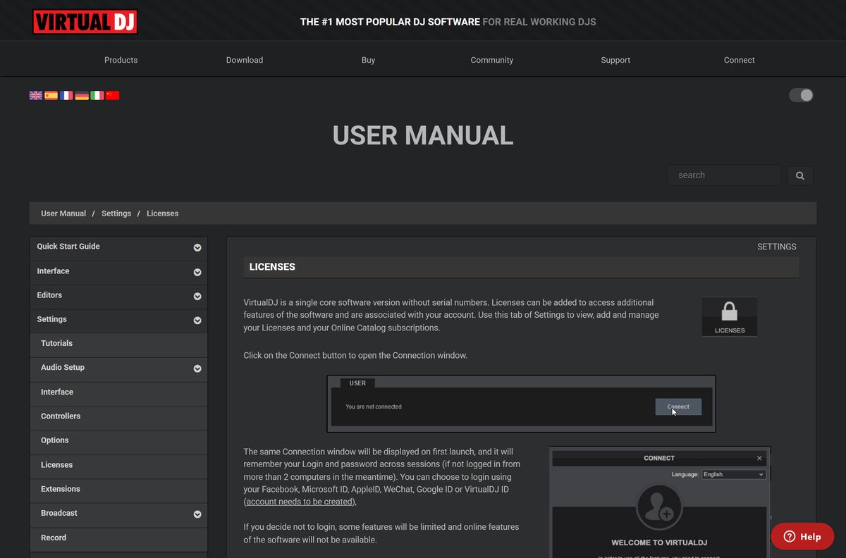 VirtualDJ manual page on connecting an account and licenses