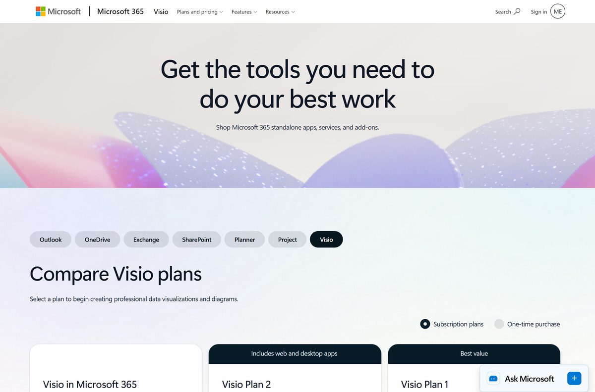 Microsoft pricing page comparing Visio Plan 1 and Plan 2