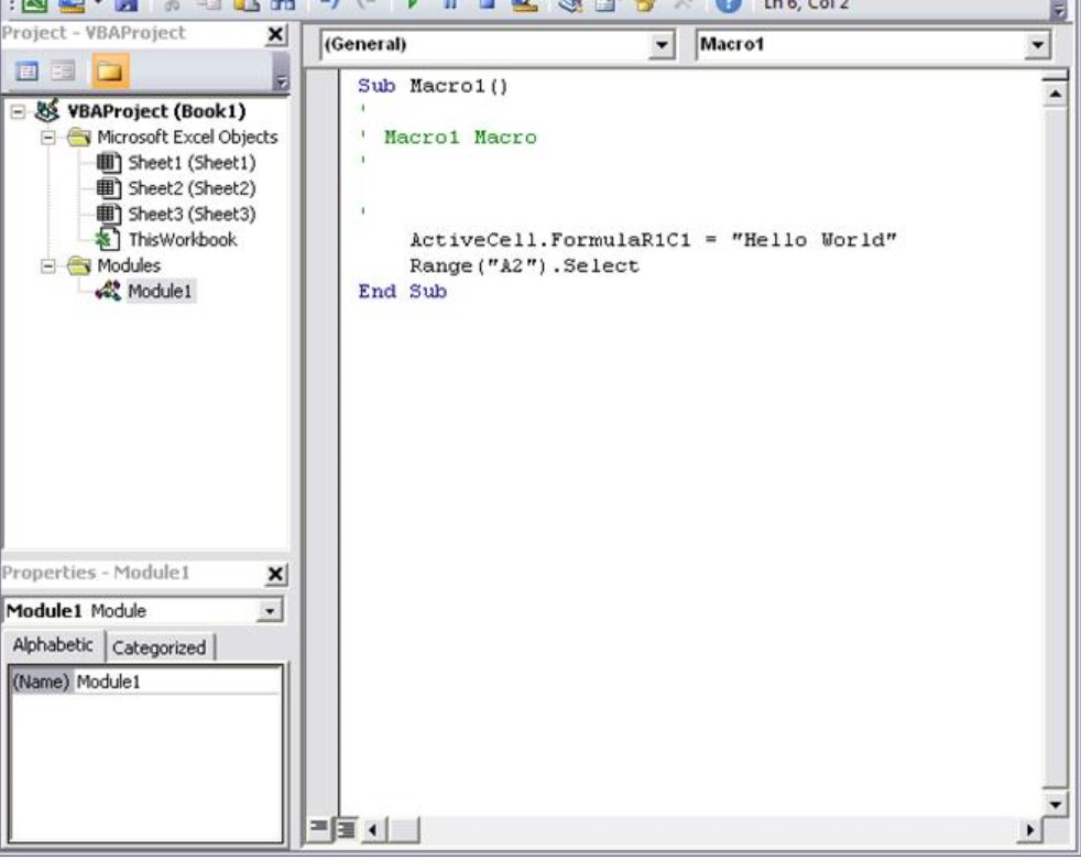 Visual Basic Editor project pane and macro code window