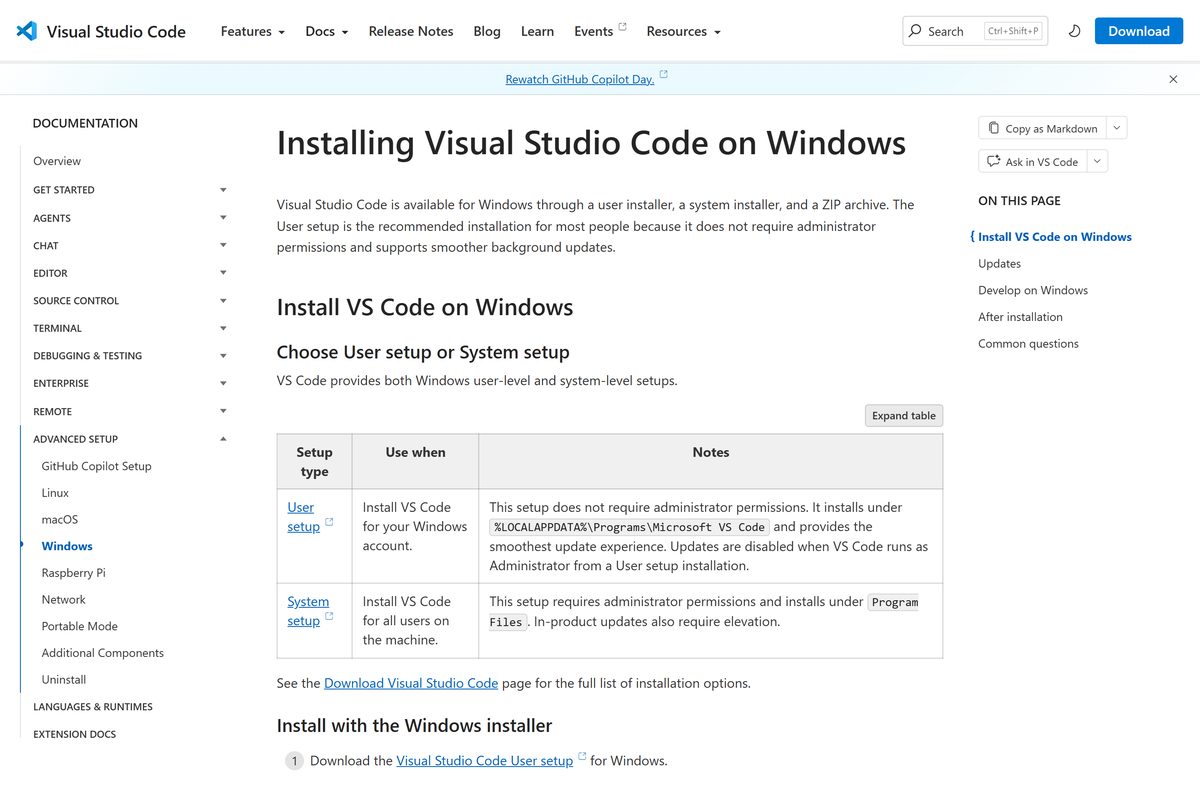 Windows setup guide comparing User setup and System setup
