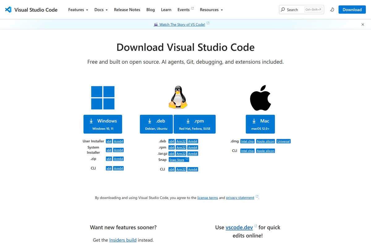Official download page with Windows, macOS and Linux buttons