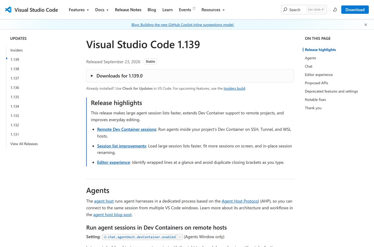 Release notes page with per-platform download links for the current build