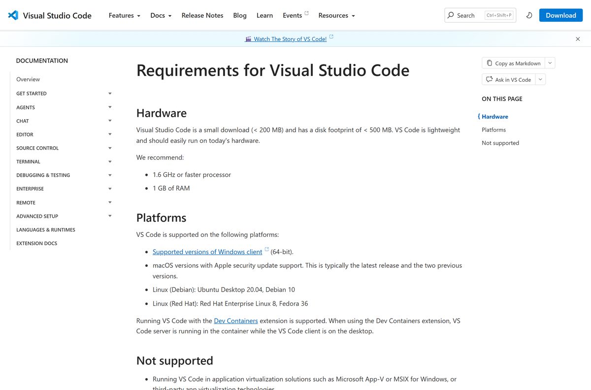Requirements page for the free Microsoft code editor across platforms