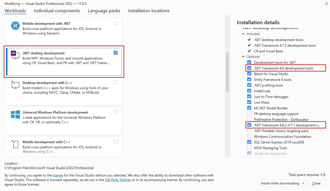 Visual Studio Installer with .NET Framework development tools selected