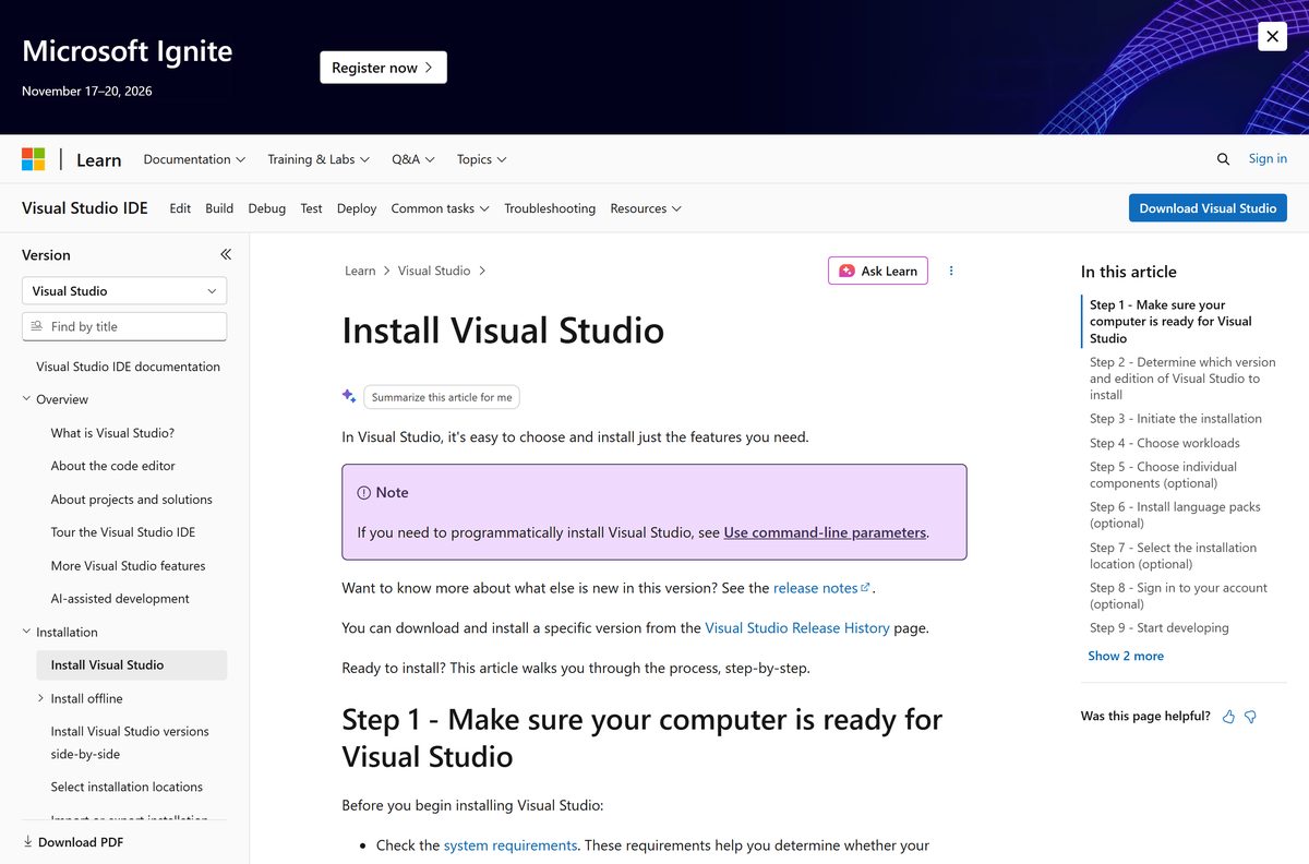 Visual Studio Installer showing the Workloads tab during setup