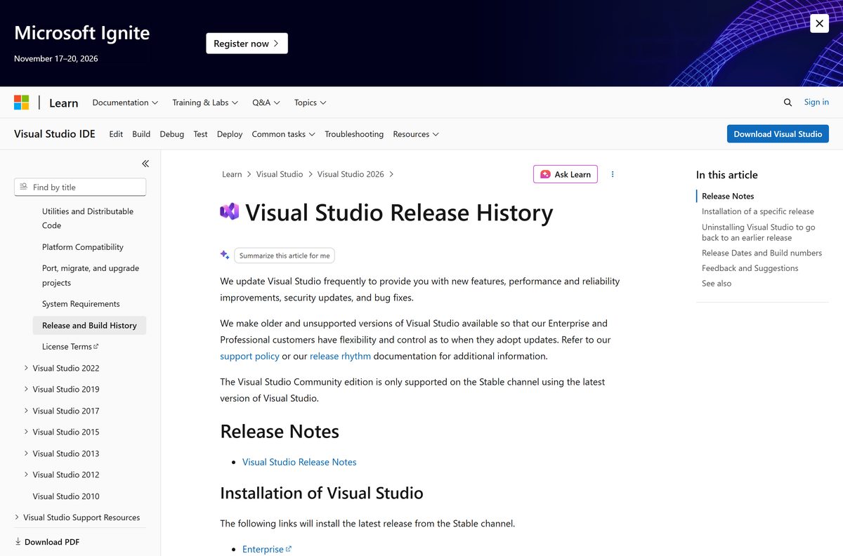 Release history table with fixed-version bootstrapper links and build numbers