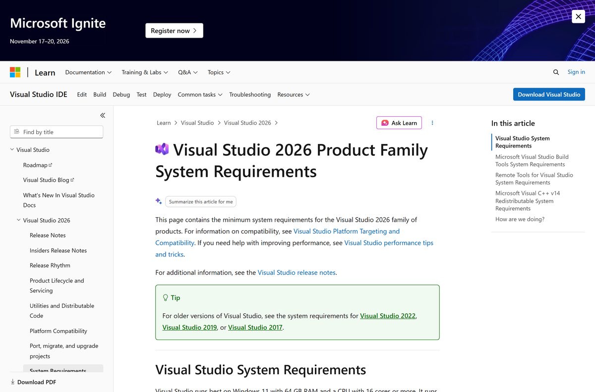 Microsoft Learn page listing supported Windows editions and minimum hardware