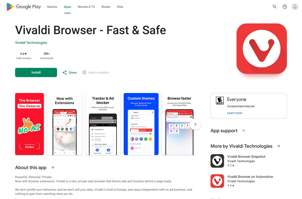 Google Play listing for Vivaldi with its rating and downloads