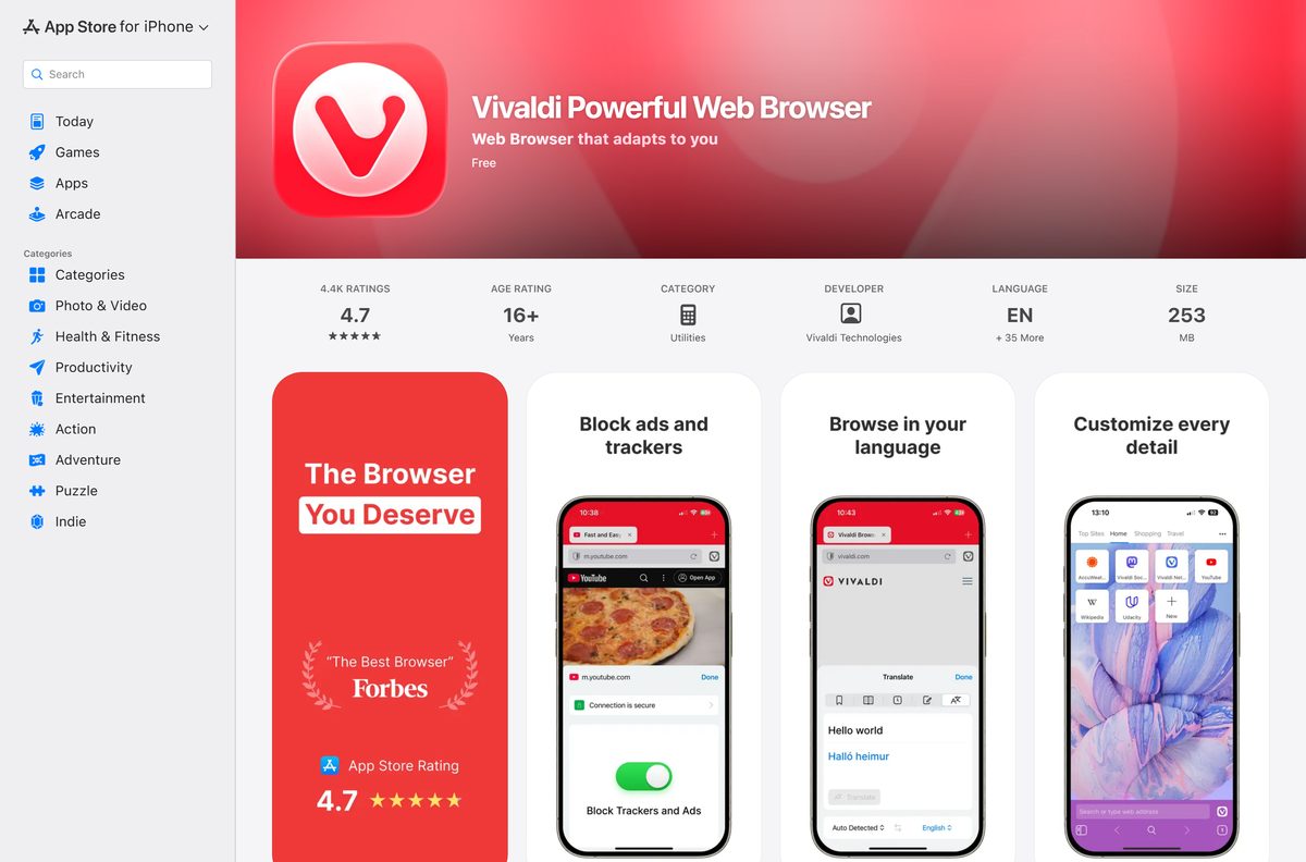 App Store listing for Vivaldi on iPhone and iPad