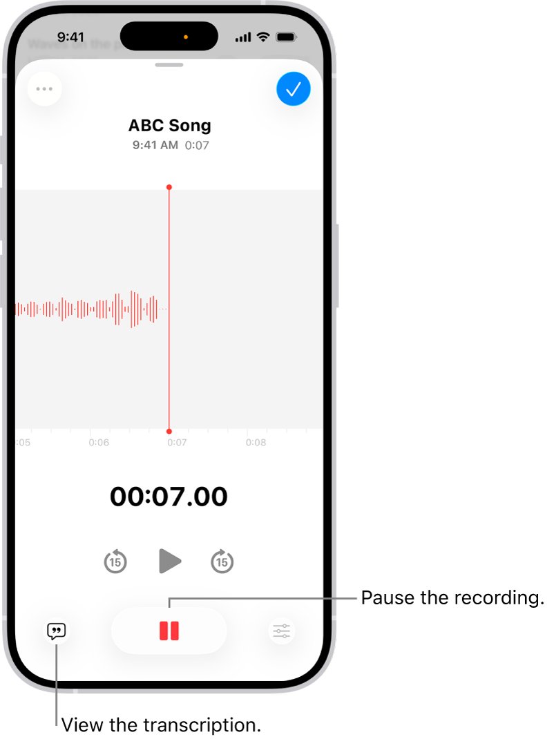 Voice Memos app recording a clip with waveform and pause button