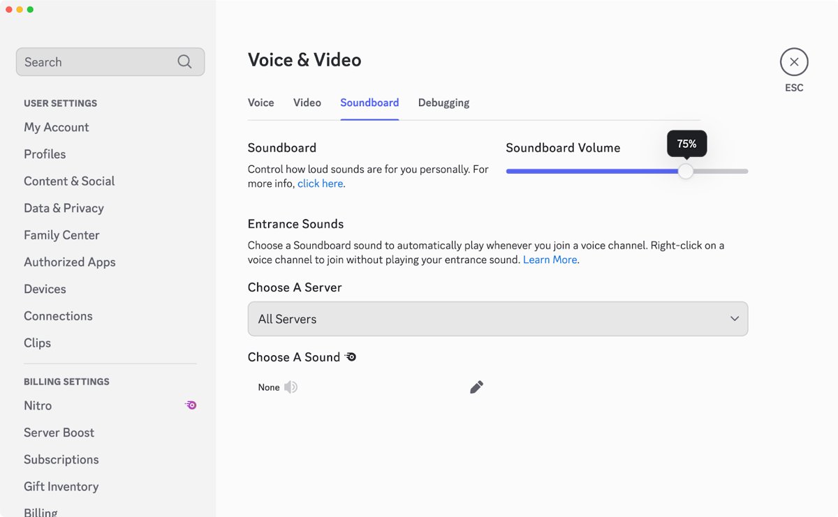 Voice and Video settings Soundboard tab with volume slider at 75 percent