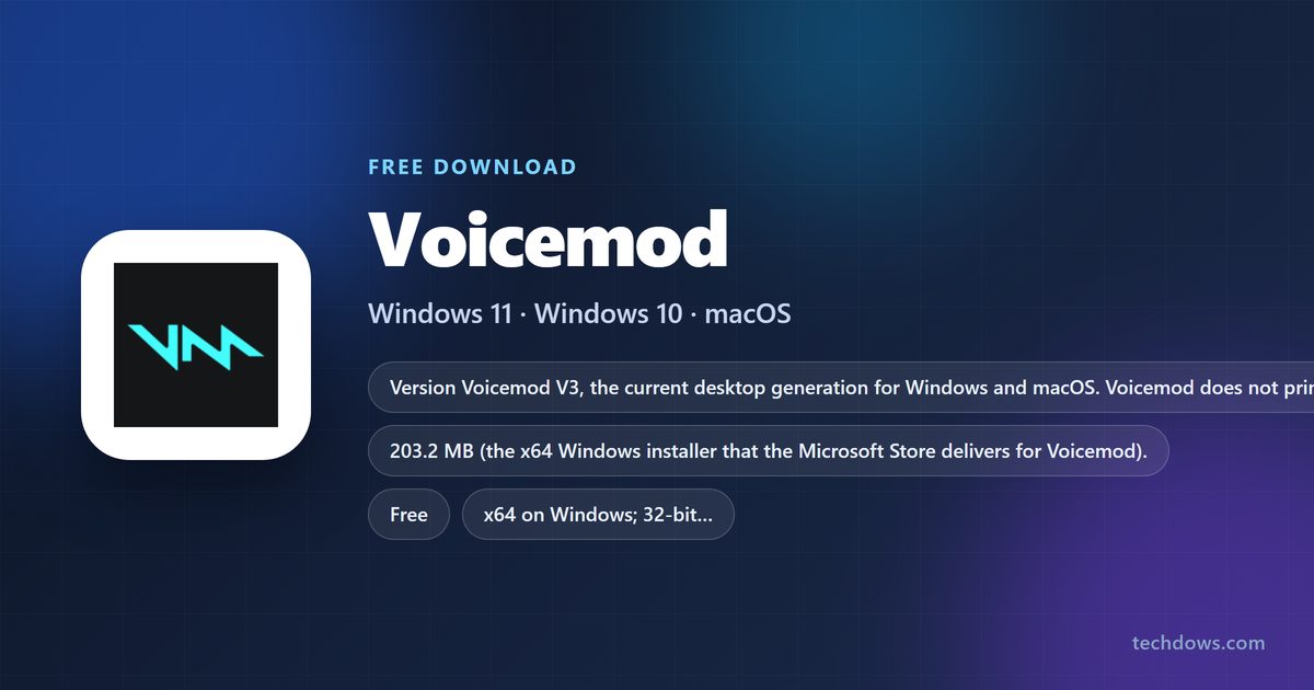 Voicemod card listing platforms, installer size and license