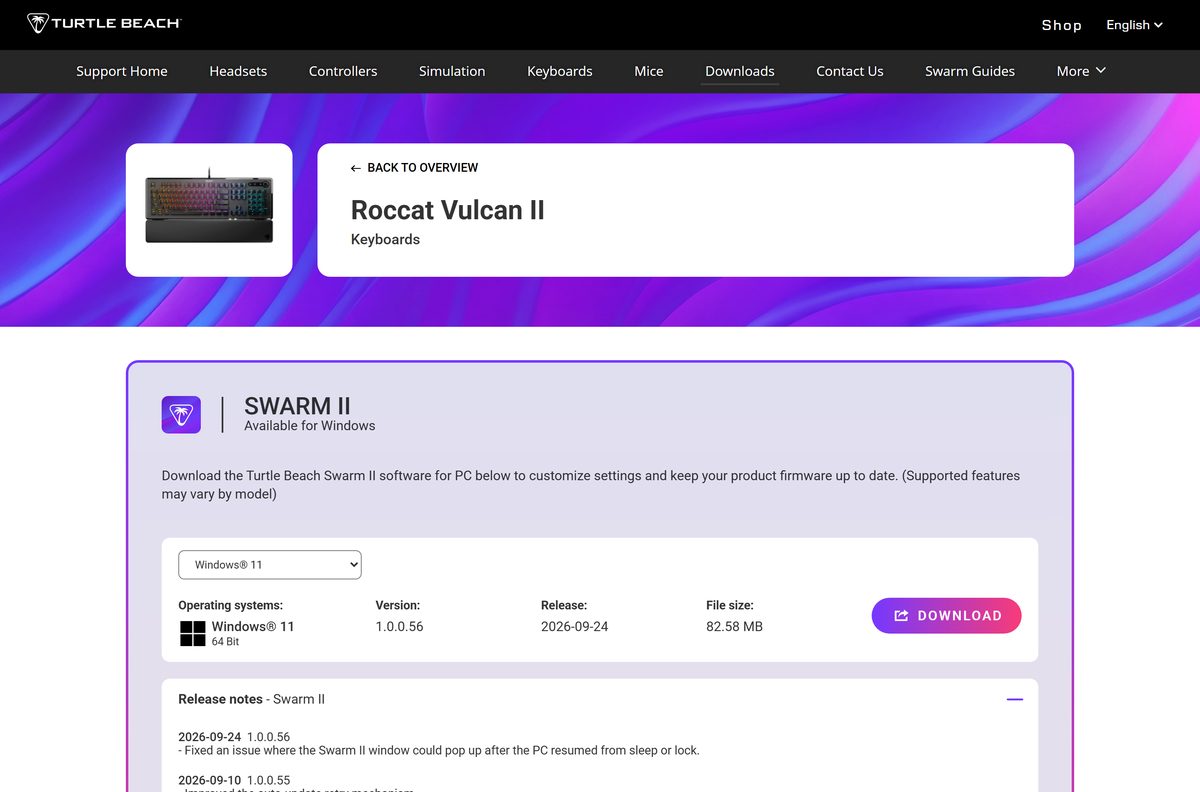 Vulcan II keyboard entry listing Swarm II and ROCCAT Swarm