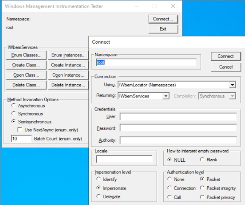 WBEMTEST Connect dialog set to the root WMI namespace