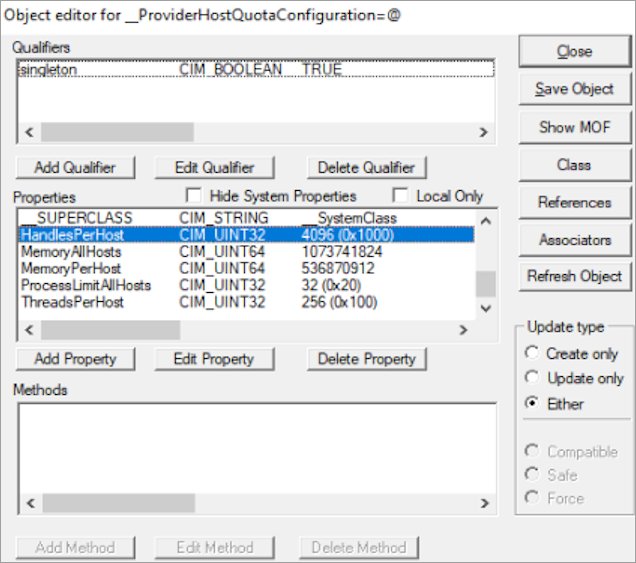 WBEMTEST object editor listing WMI provider host quota properties and values