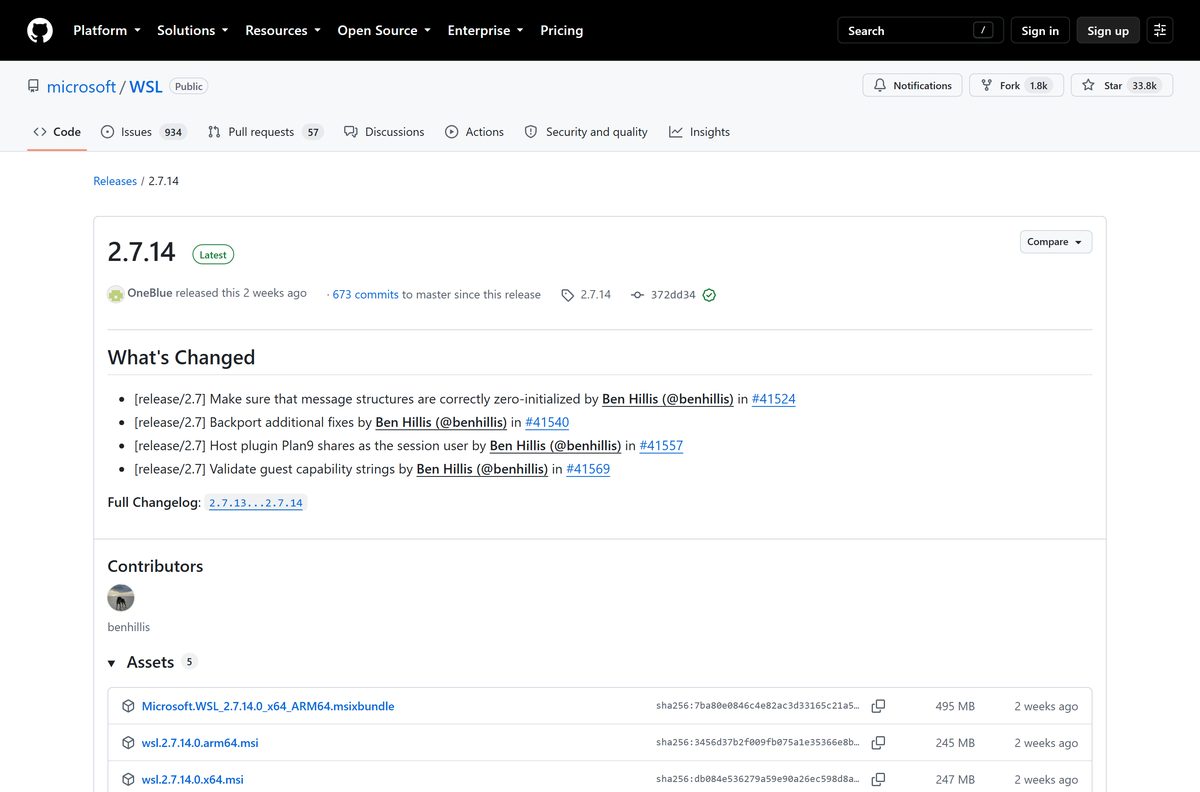 GitHub releases page listing the MSI and MSIX packages for Windows