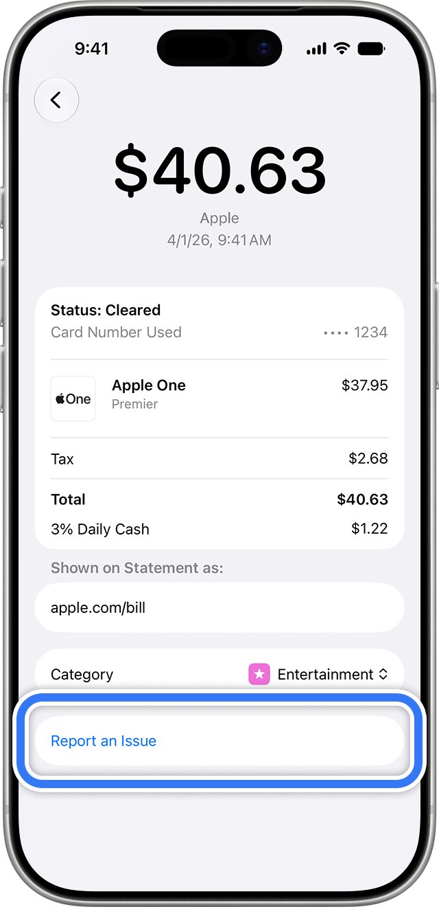 Wallet transaction detail screen with Report an Issue highlighted