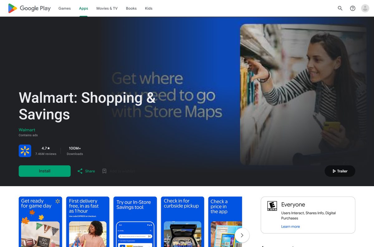 Google Play listing for the Walmart app with its rating and downloads