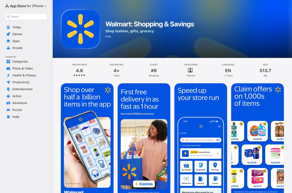 App Store listing for the Walmart app with its size and age rating
