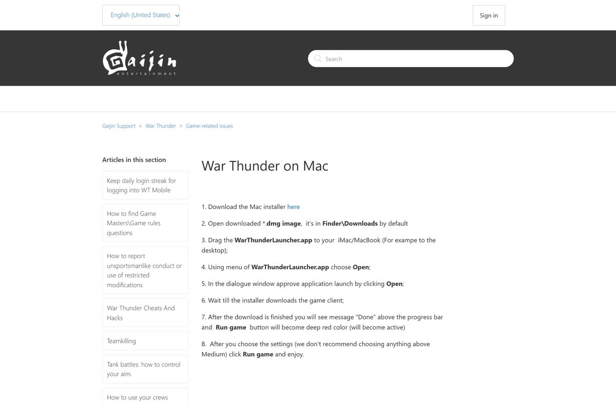 Gaijin Support steps for installing War Thunder from the Mac disk image