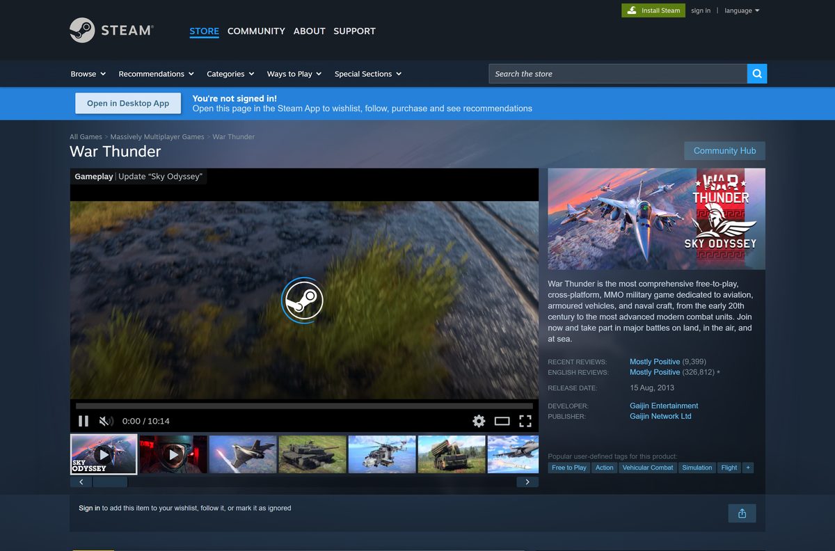 Steam store page for War Thunder with its free-to-play button