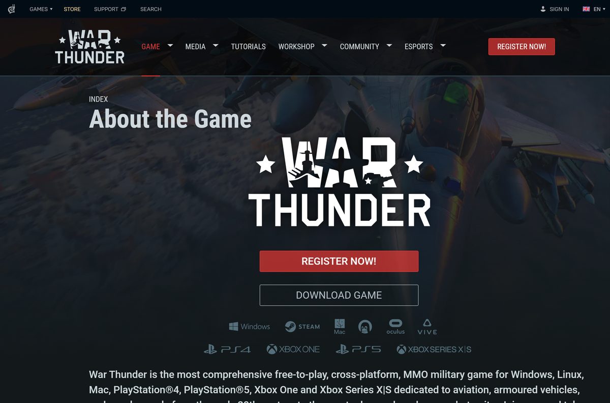 Official War Thunder page listing PC, Mac and Linux requirements