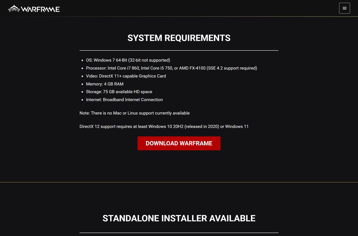 Warframe minimum PC system requirements on the official site