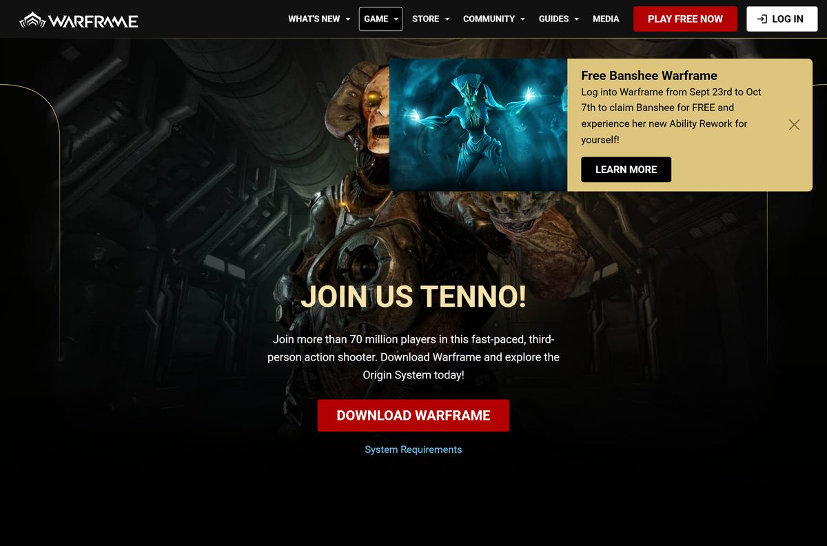 Official Warframe download page with the launcher button
