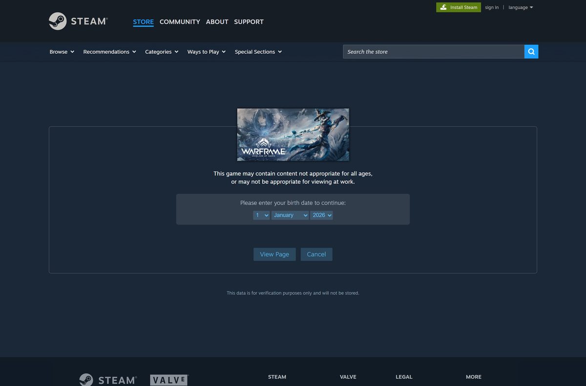 Steam store page for Warframe with its free-to-play button