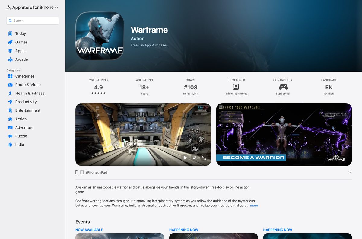 App Store listing for Warframe on iPhone and iPad