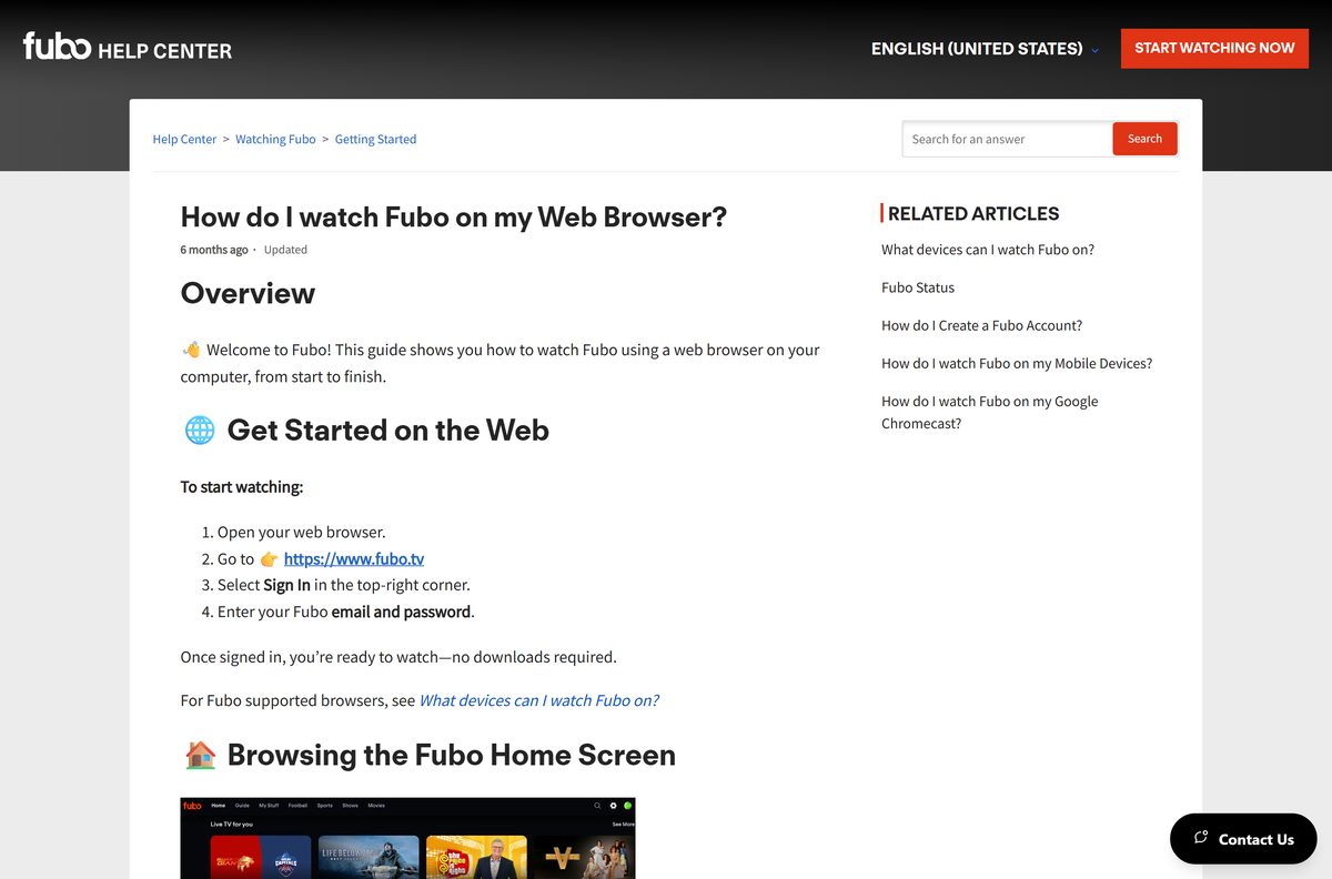 Fubo help page explaining how to watch in a web browser