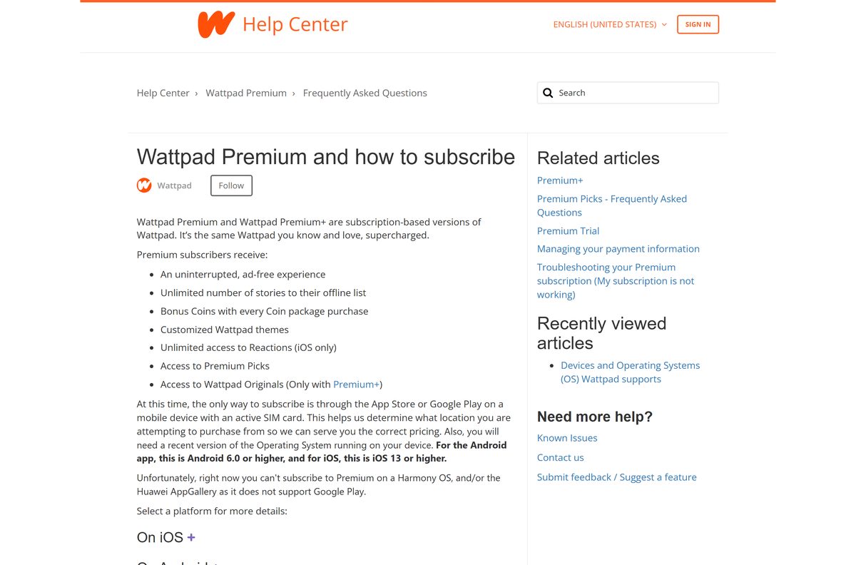 Wattpad help page listing Premium subscription benefits