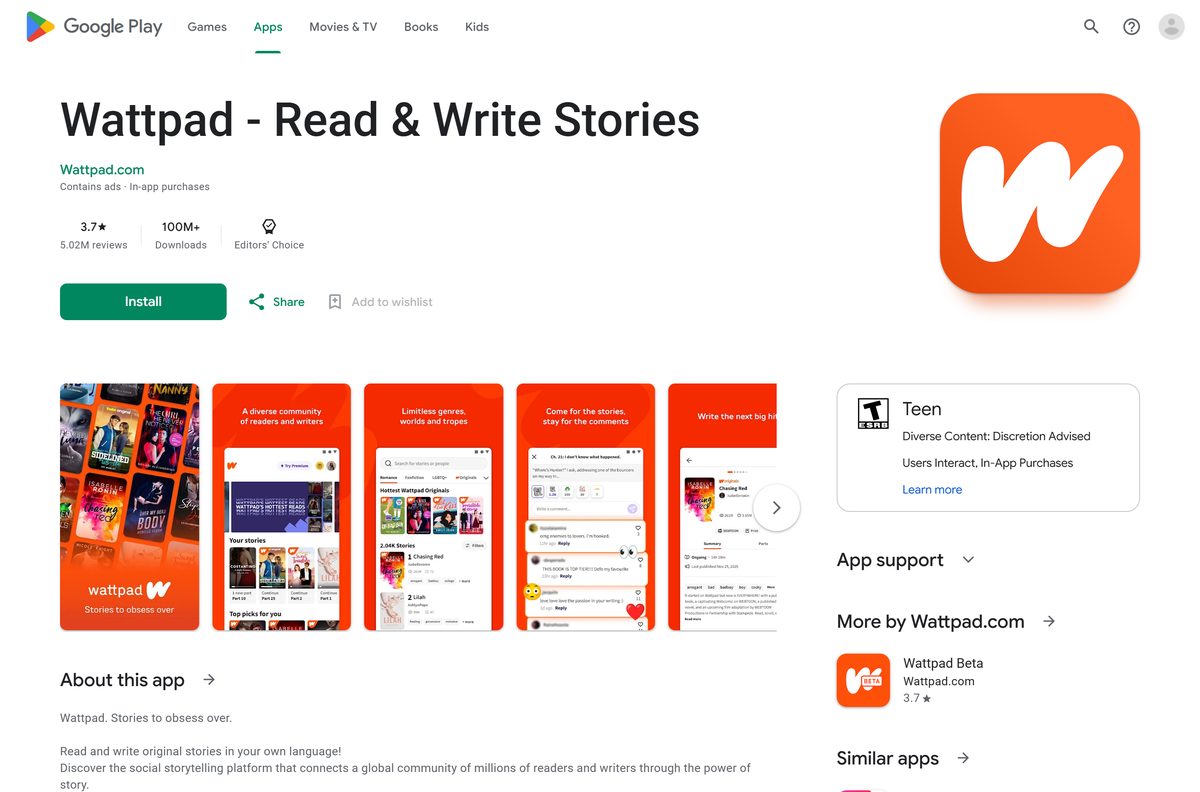 Google Play listing for Wattpad showing downloads and reviews
