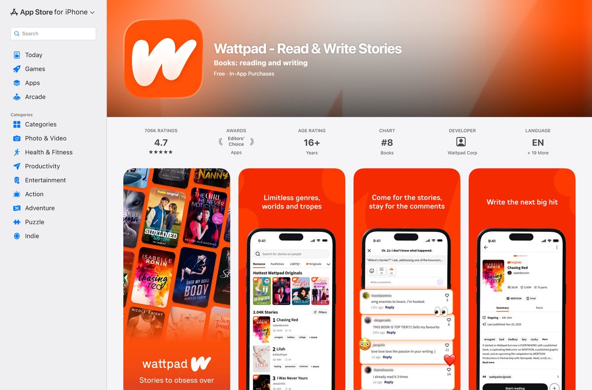 App Store page for Wattpad with its size and rating