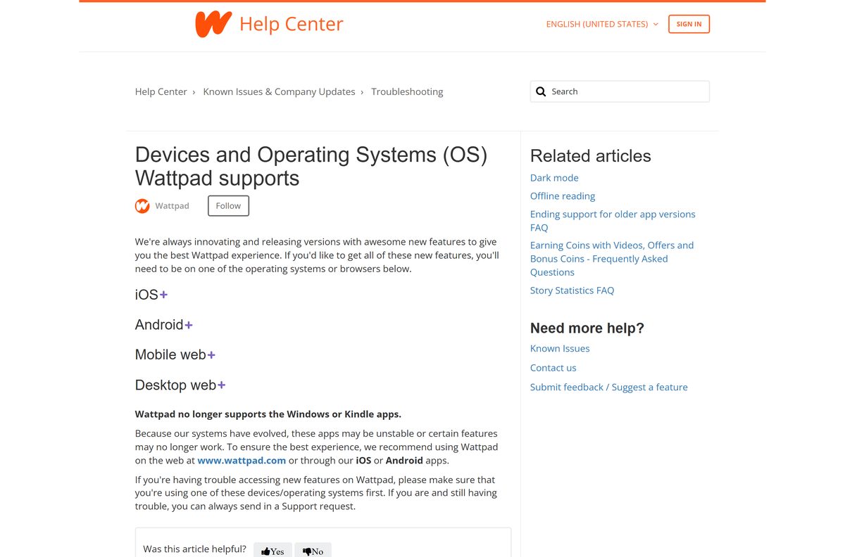Wattpad help page listing supported devices and browsers