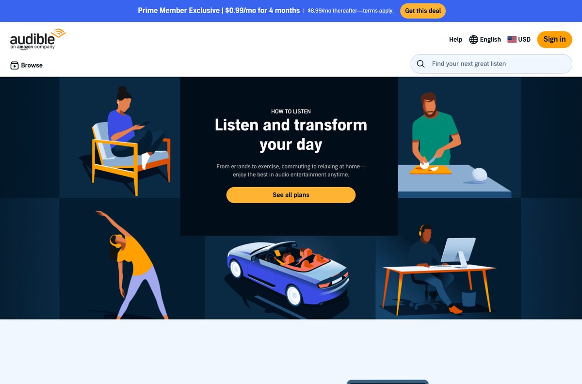 Audible How to Listen page listing phones, computers and speakers